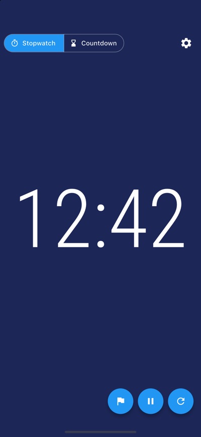 Stopwatch running at 12:42 in the Navy theme
