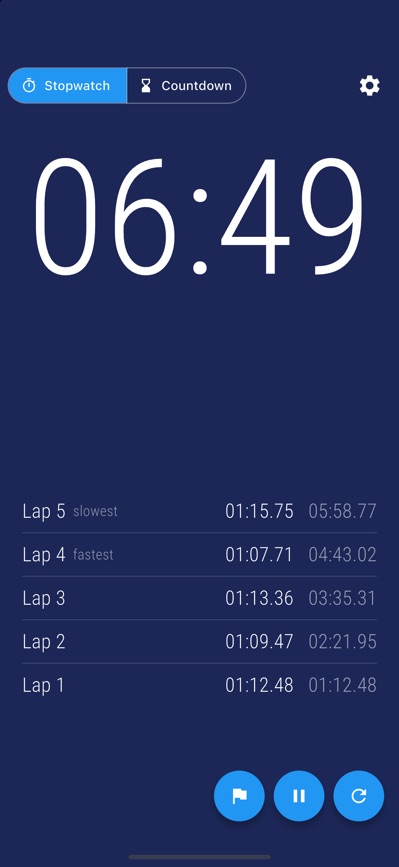Stopwatch at 06:49 with five laps listed, the fastest and slowest marked