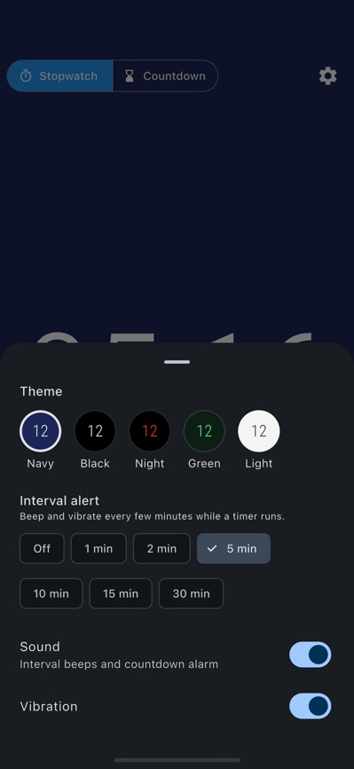 Settings sheet: theme, interval alert, sound and vibration