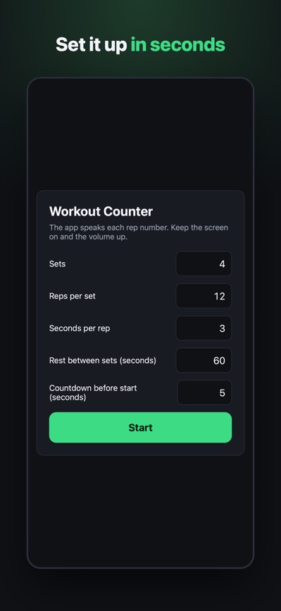 Setup screen: sets, reps per set, seconds per rep, rest between sets and countdown before start