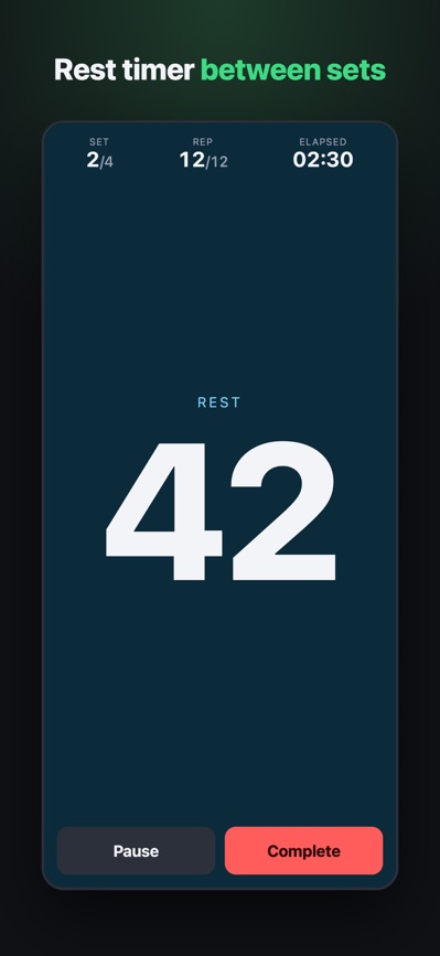 Rest timer counting down 42 seconds between sets