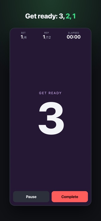 Get-ready countdown at 3 before the first rep