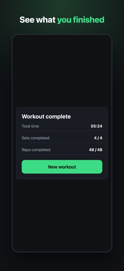 Workout complete: total time, sets completed and reps completed